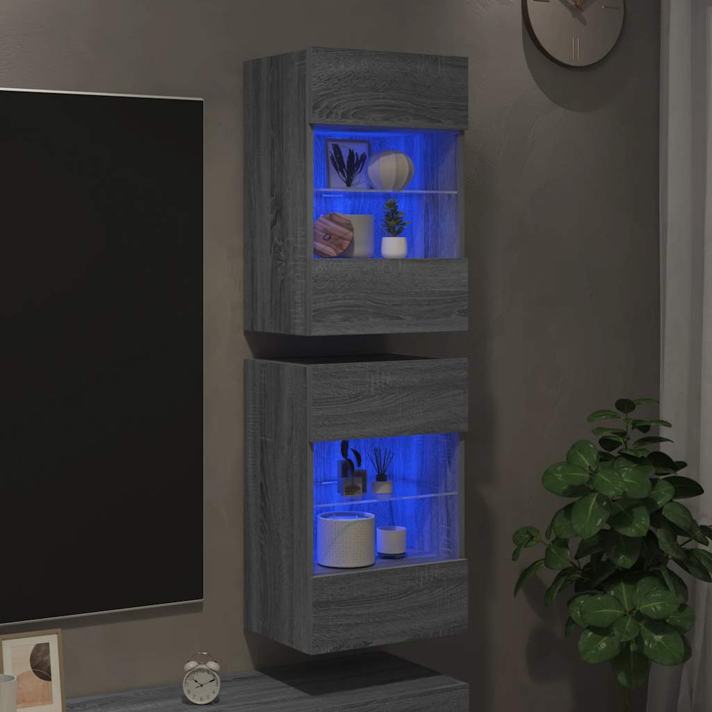 Wall Cabinets with LED Lights for TV 2 pcs Grey Sonoma 40x30x60.5 cm