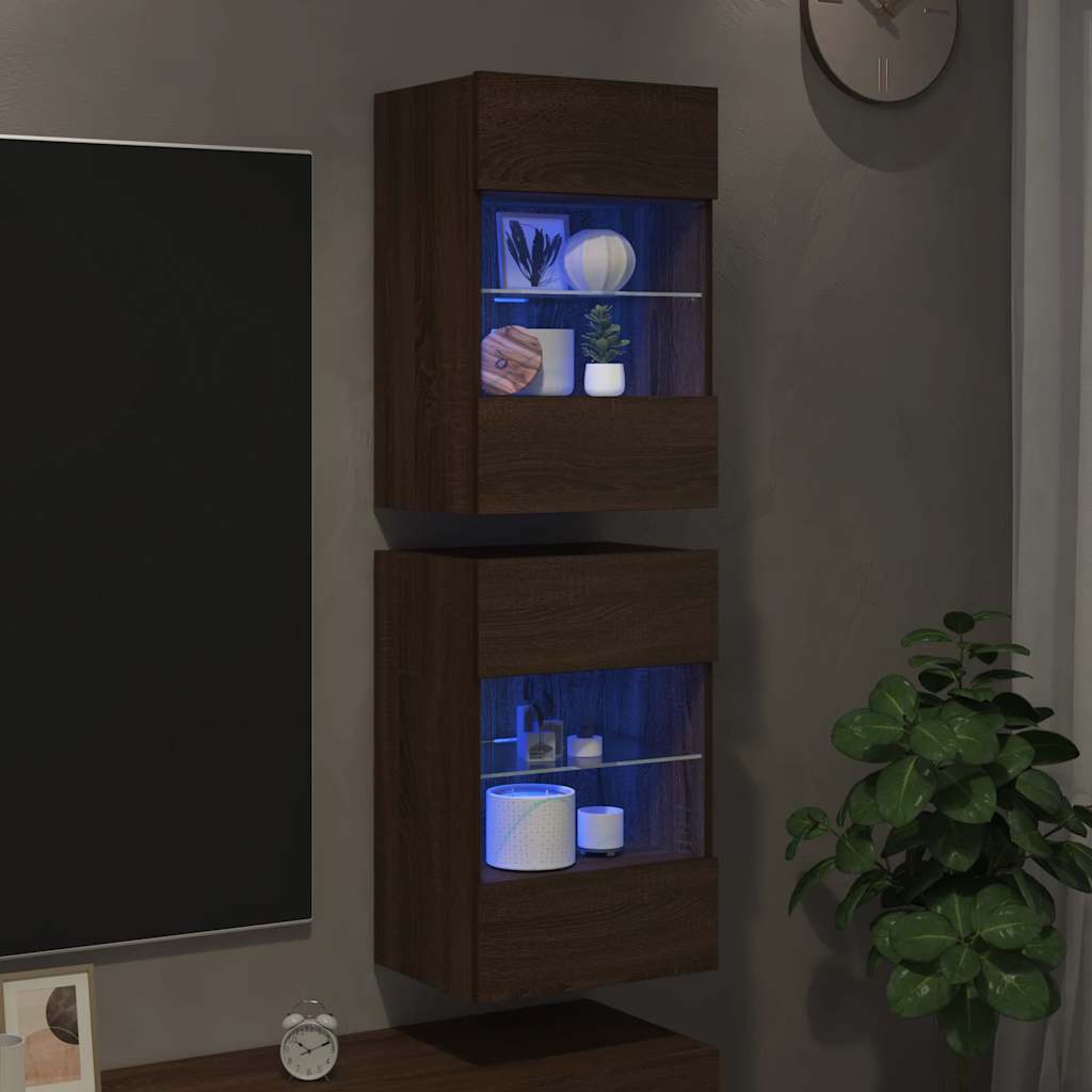 Wall Cabinets with LED Lights for TV 2 pcs Brown Oak 40x30x60.5 cm