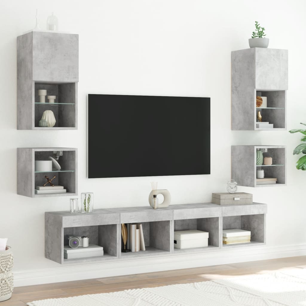 Bedside Cabinet with LED Lights Wall-mounted Concrete Grey