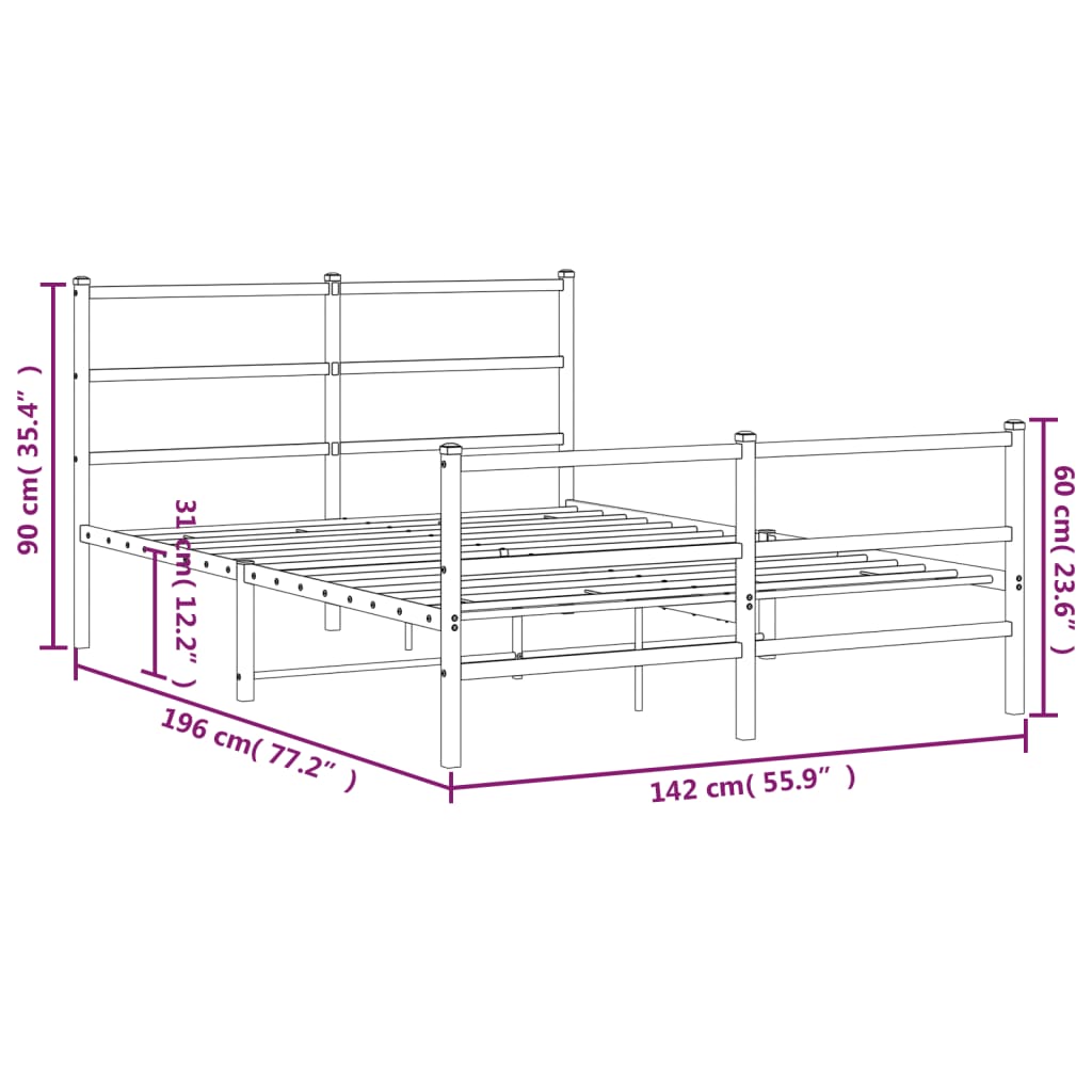 Metal Bed Frame without Mattress with Footboard Black 135x190cm