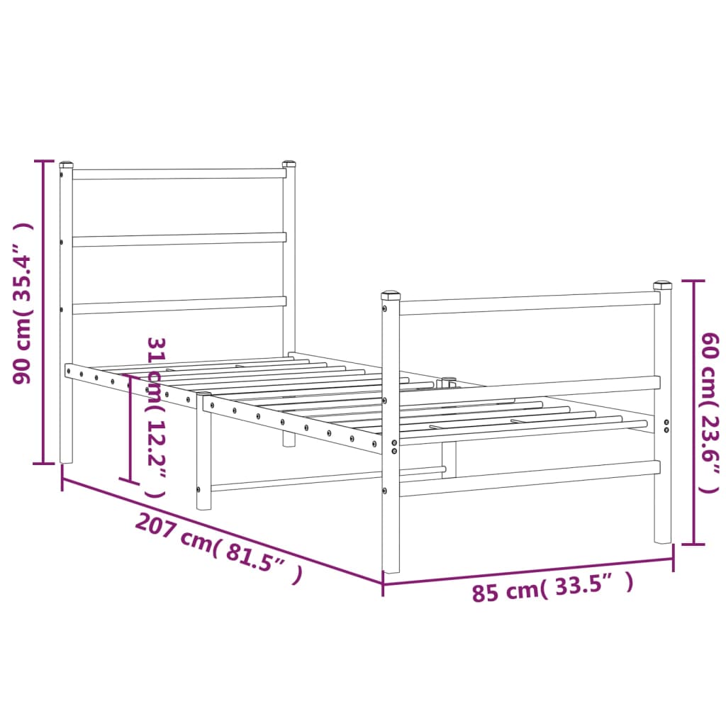 Metal Bed Frame without Mattress with Footboard White 80x200cm