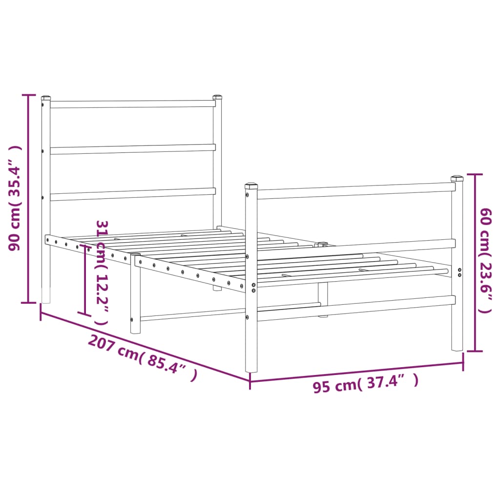 Metal Bed Frame without Mattress with Footboard White 90x200cm