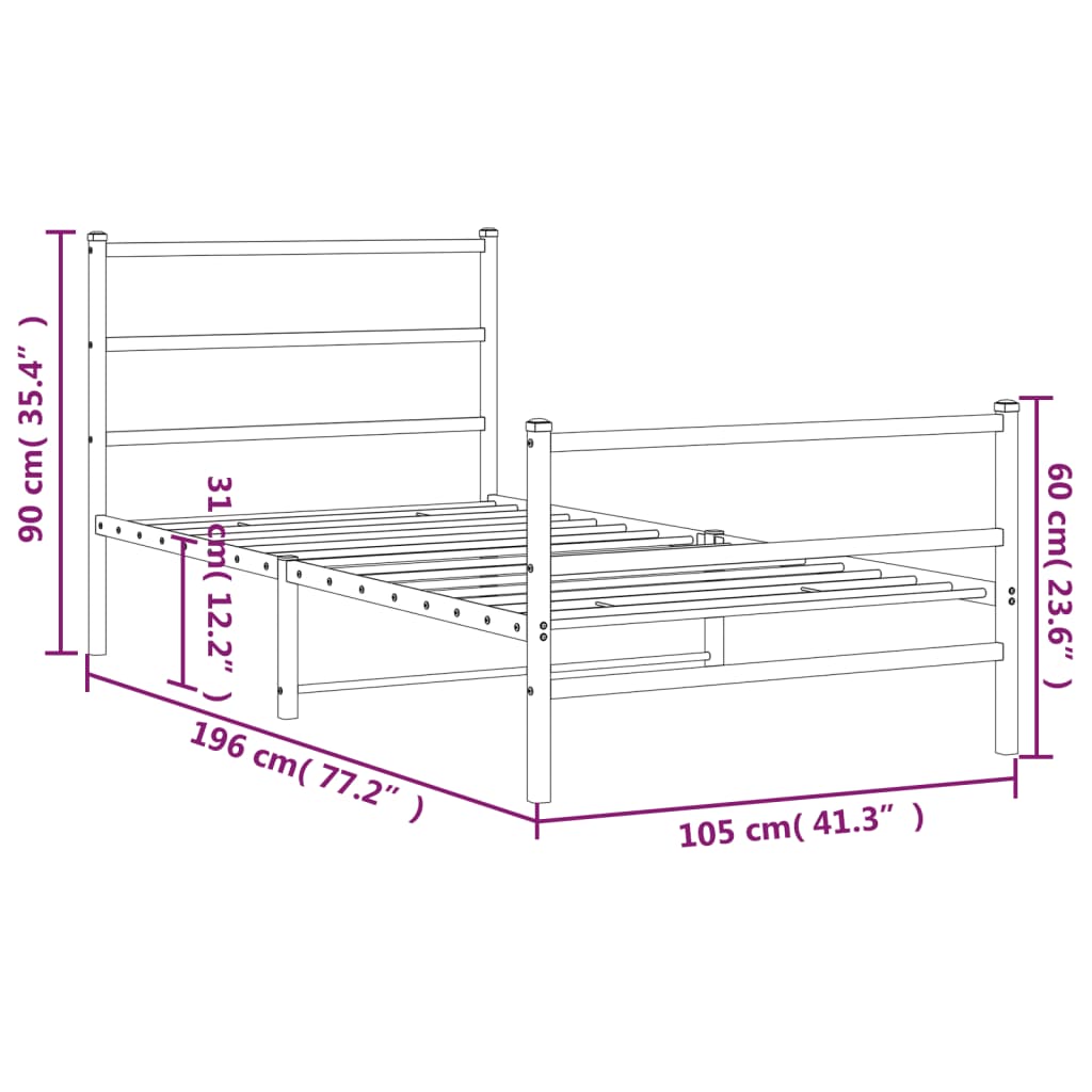 Metal Bed Frame without Mattress with Footboard White 100x190cm