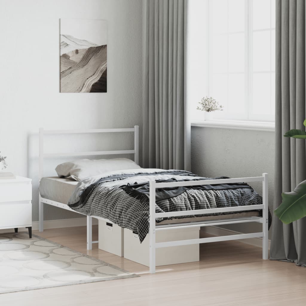 Metal Bed Frame without Mattress with Footboard White 100x190cm