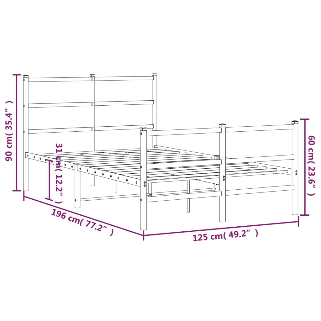 Metal Bed Frame without Mattress with Footboard White 120x190cm