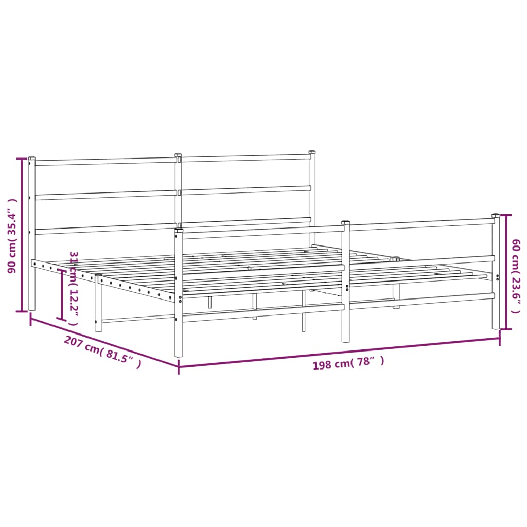 Metal Bed Frame without Mattress with Footboard White 193x203cm