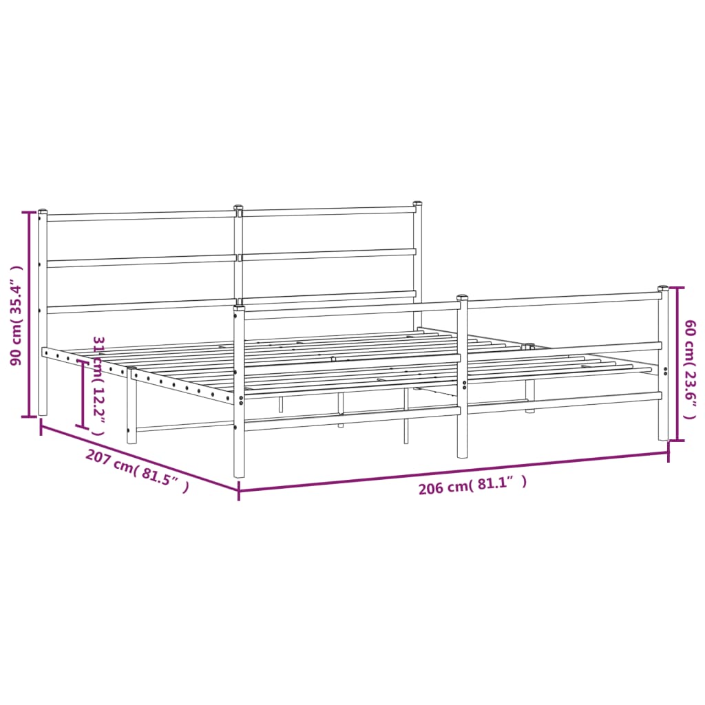 Metal Bed Frame without Mattress with Footboard White 200x200cm