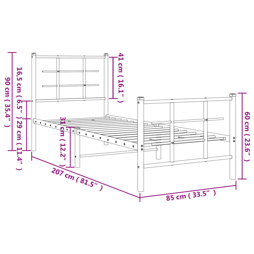 Metal Bed Frame without Mattress with Footboard Black 80x200cm