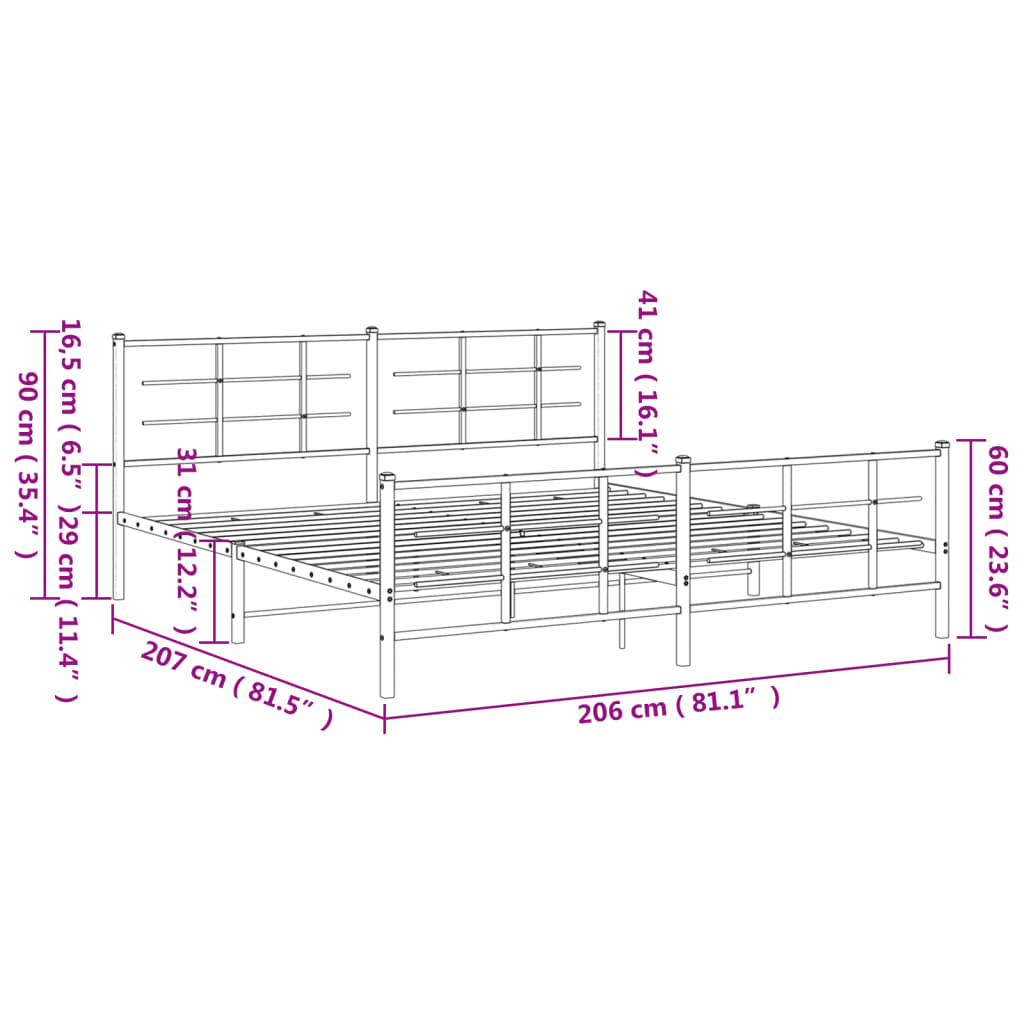 Metal Bed Frame without Mattress with Footboard Black 200x200cm