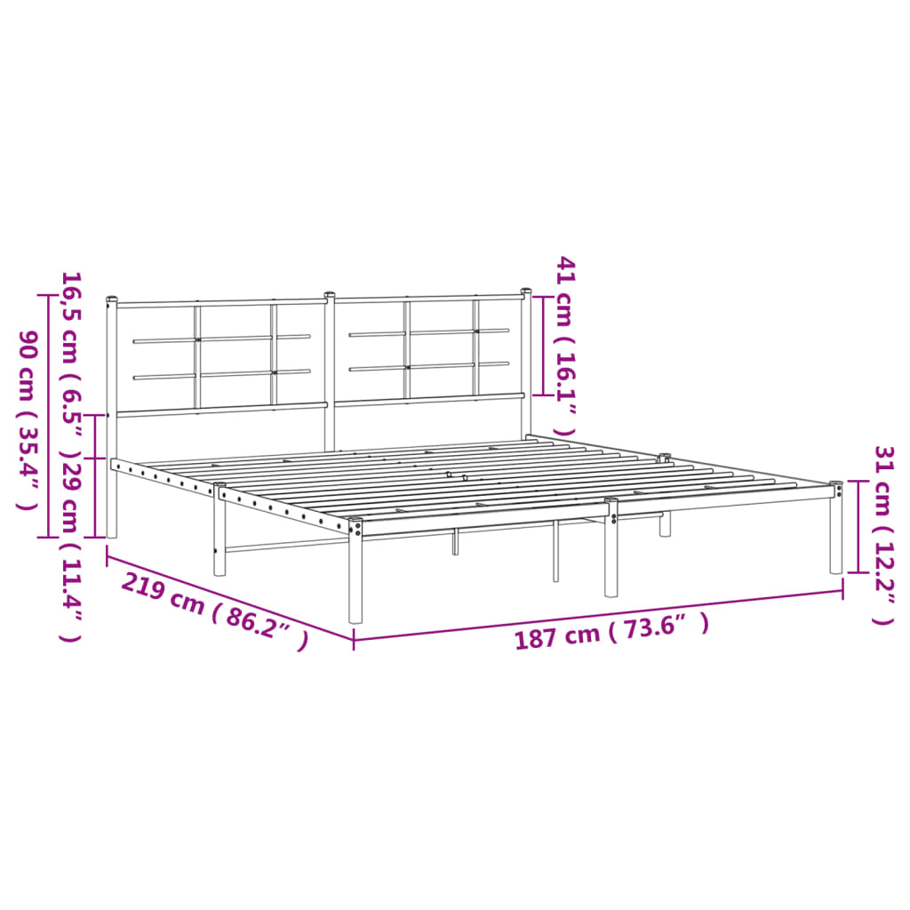 Metal Bed Frame without Mattress with Headboard White 183x213cm