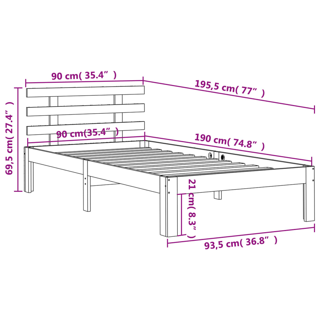 Bed Frame without Mattress Wax Brown 90x190 cm Single Solid Wood Pine
