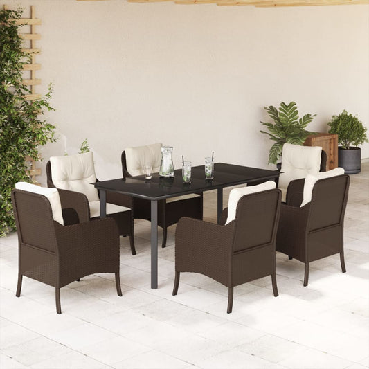 7 Piece Garden Dining Set with Cushions Brown Poly Rattan