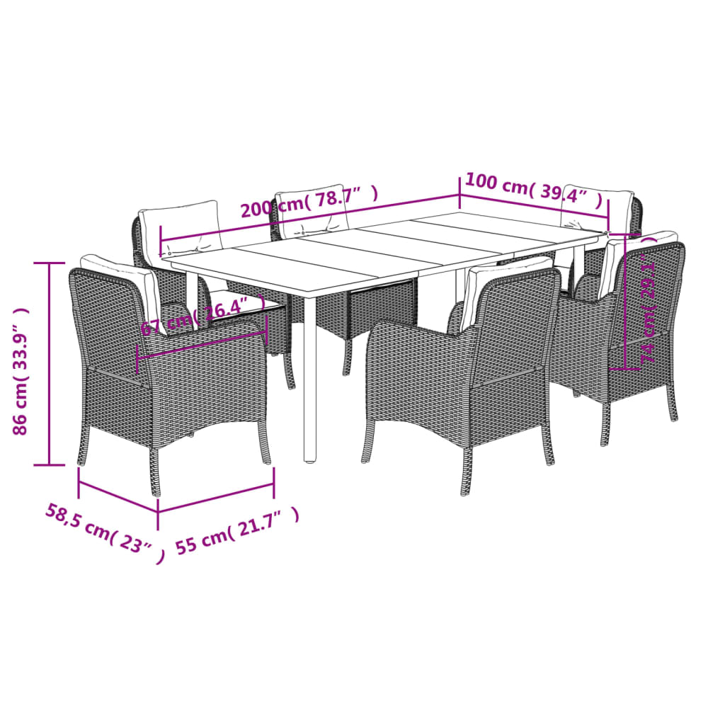 7 Piece Garden Dining Set with Cushions Brown Poly Rattan