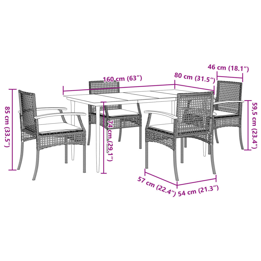 5 Piece Garden Dining Set with Cushions Grey Poly Rattan