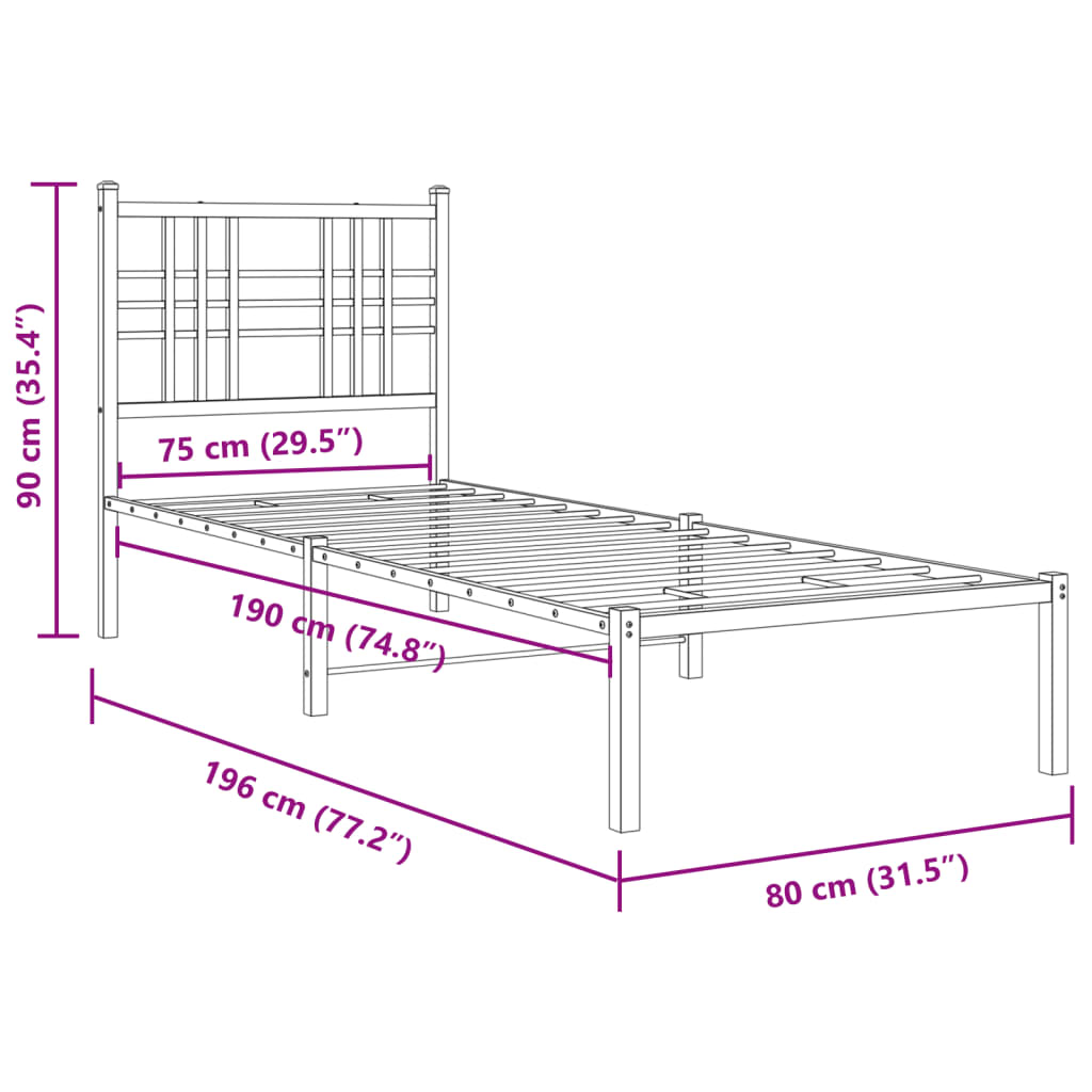 Metal Bed Frame without Mattress with Headboard Black 75x190cm