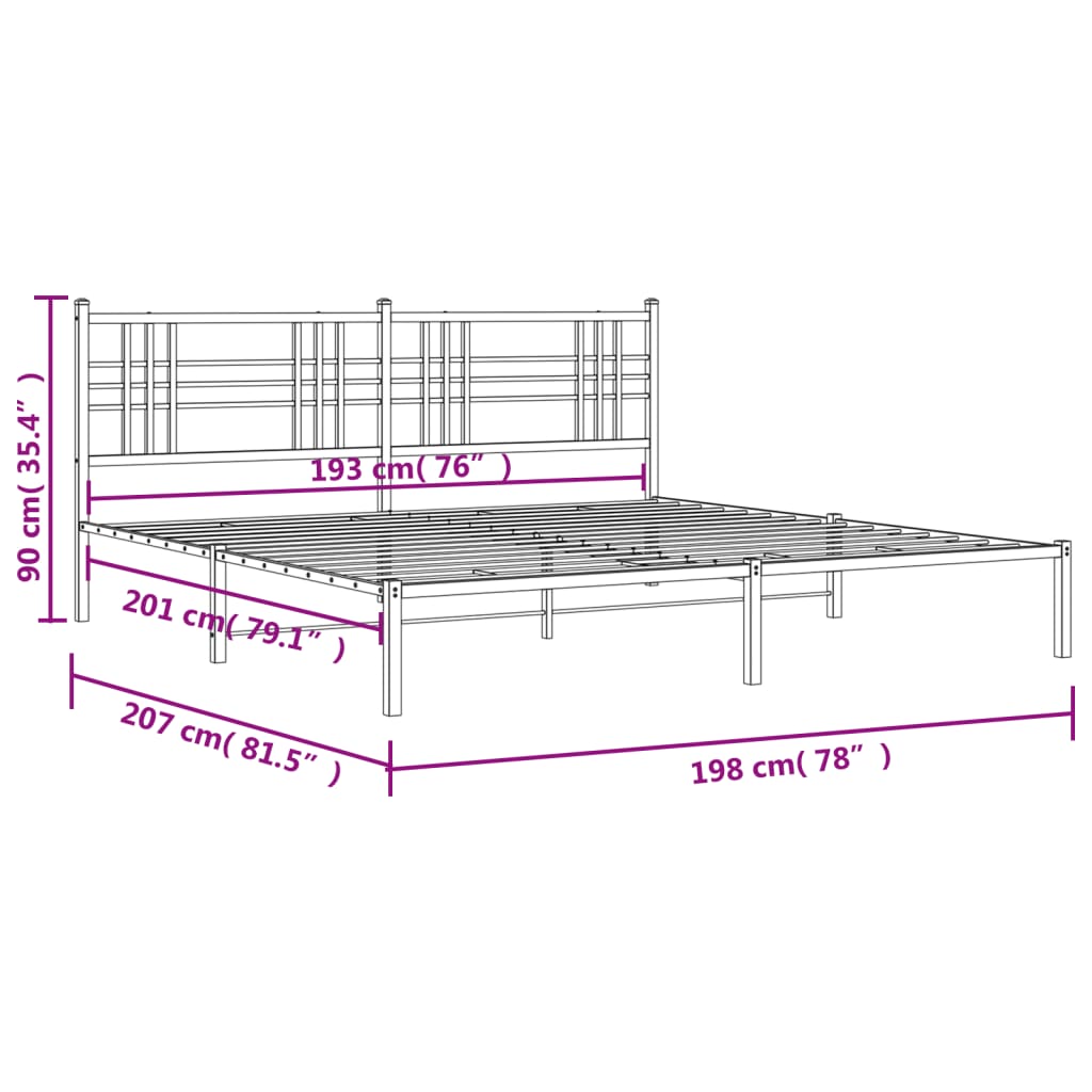Metal Bed Frame without Mattress with Headboard Black 193x203cm