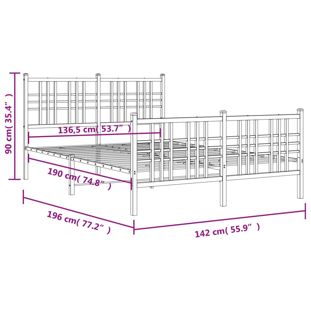 Metal Bed Frame without Mattress with Footboard Black 137x190cm