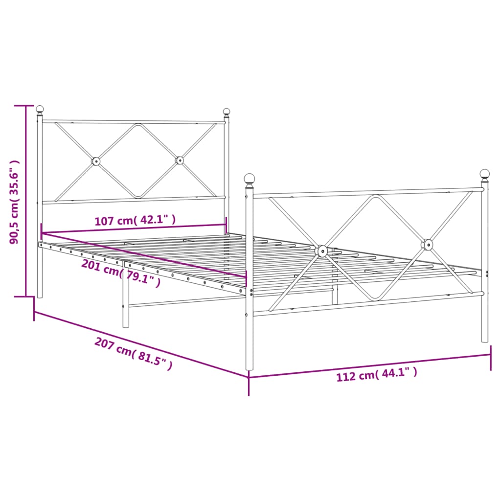 Metal Bed Frame without Mattress with Footboard Black 107x203cm