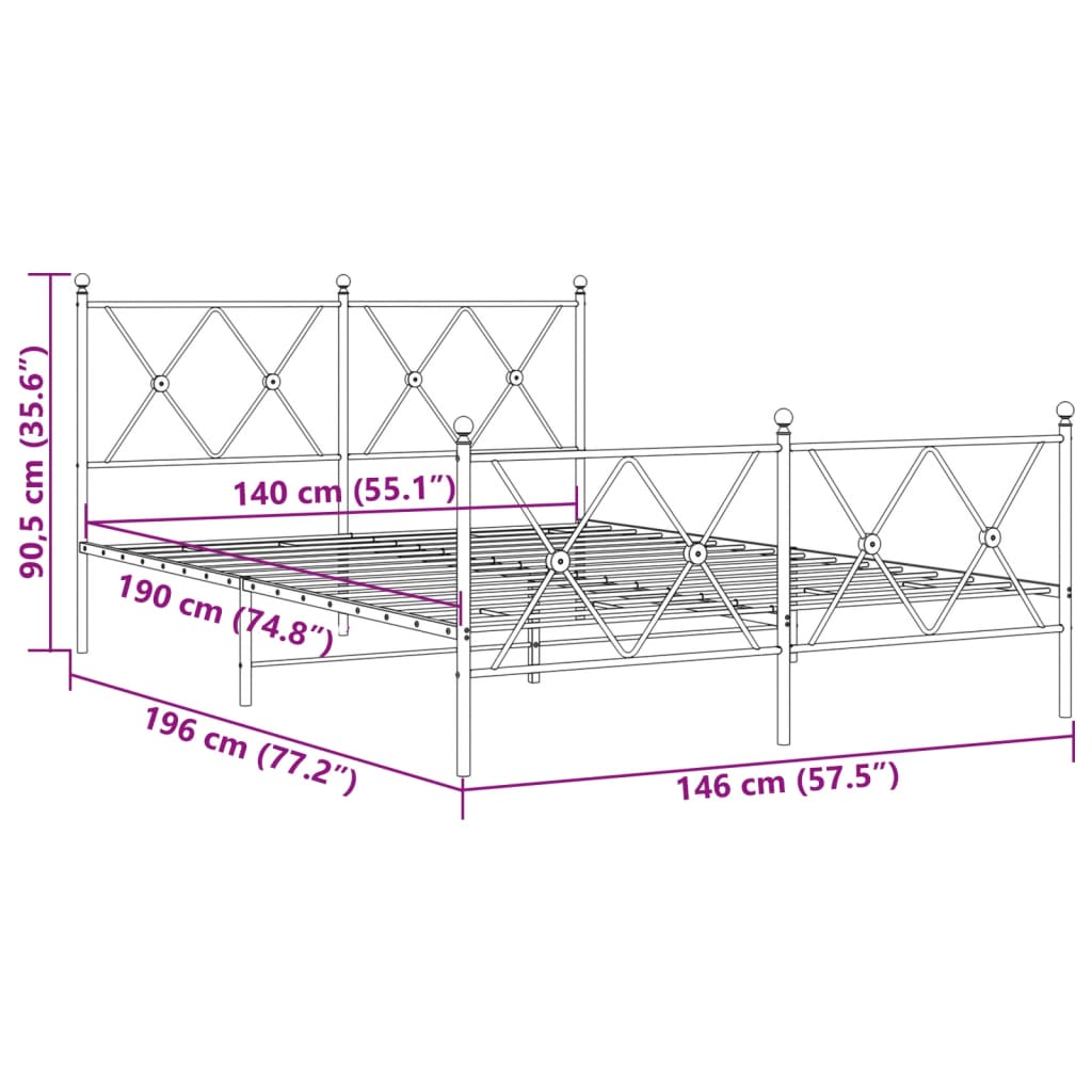 Metal Bed Frame without Mattress with Footboard Black 140x190cm