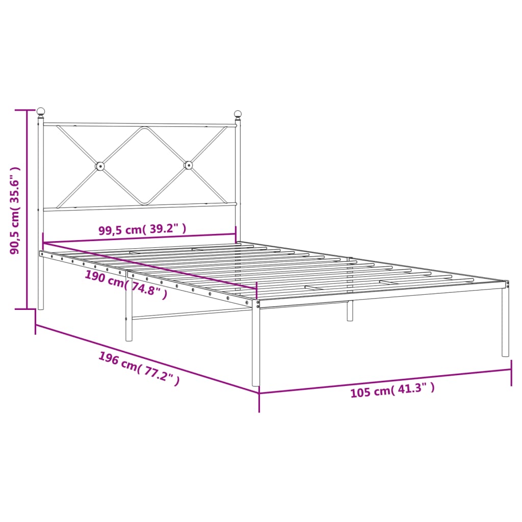 Metal Bed Frame without Mattress with Headboard White 100x190cm