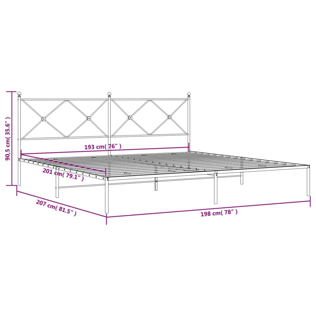Metal Bed Frame without Mattress with Headboard White 193x203cm