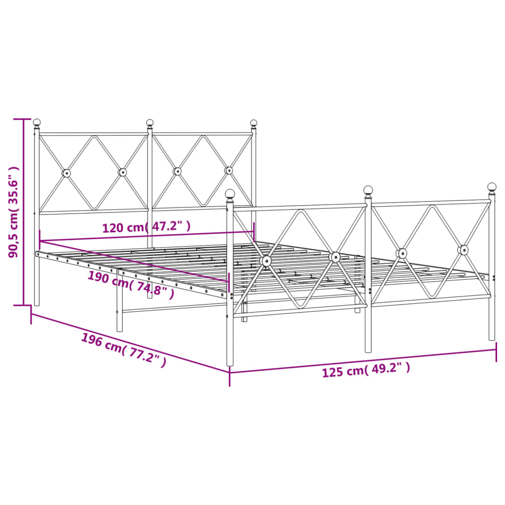 Metal Bed Frame without Mattress with Footboard White 120x190cm