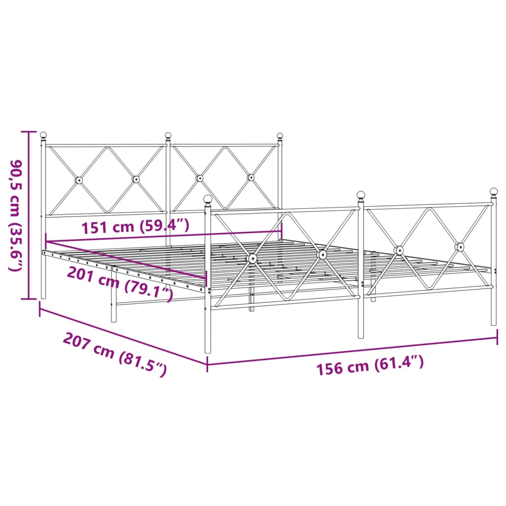 Metal Bed Frame without Mattress with Footboard White 150x200cm