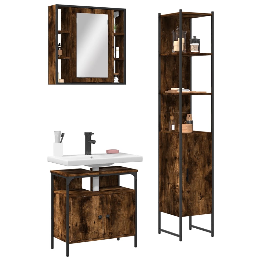 3 Piece Bathroom Cabinet Set Smoked Oak Engineered Wood