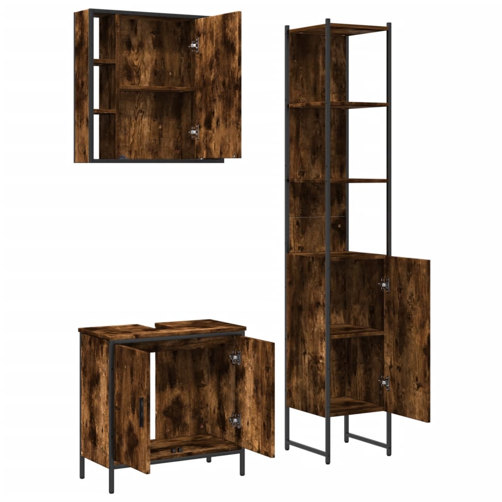 3 Piece Bathroom Cabinet Set Smoked Oak Engineered Wood