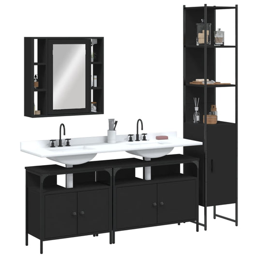 4 Piece Bathroom Cabinet Set Black Engineered Wood