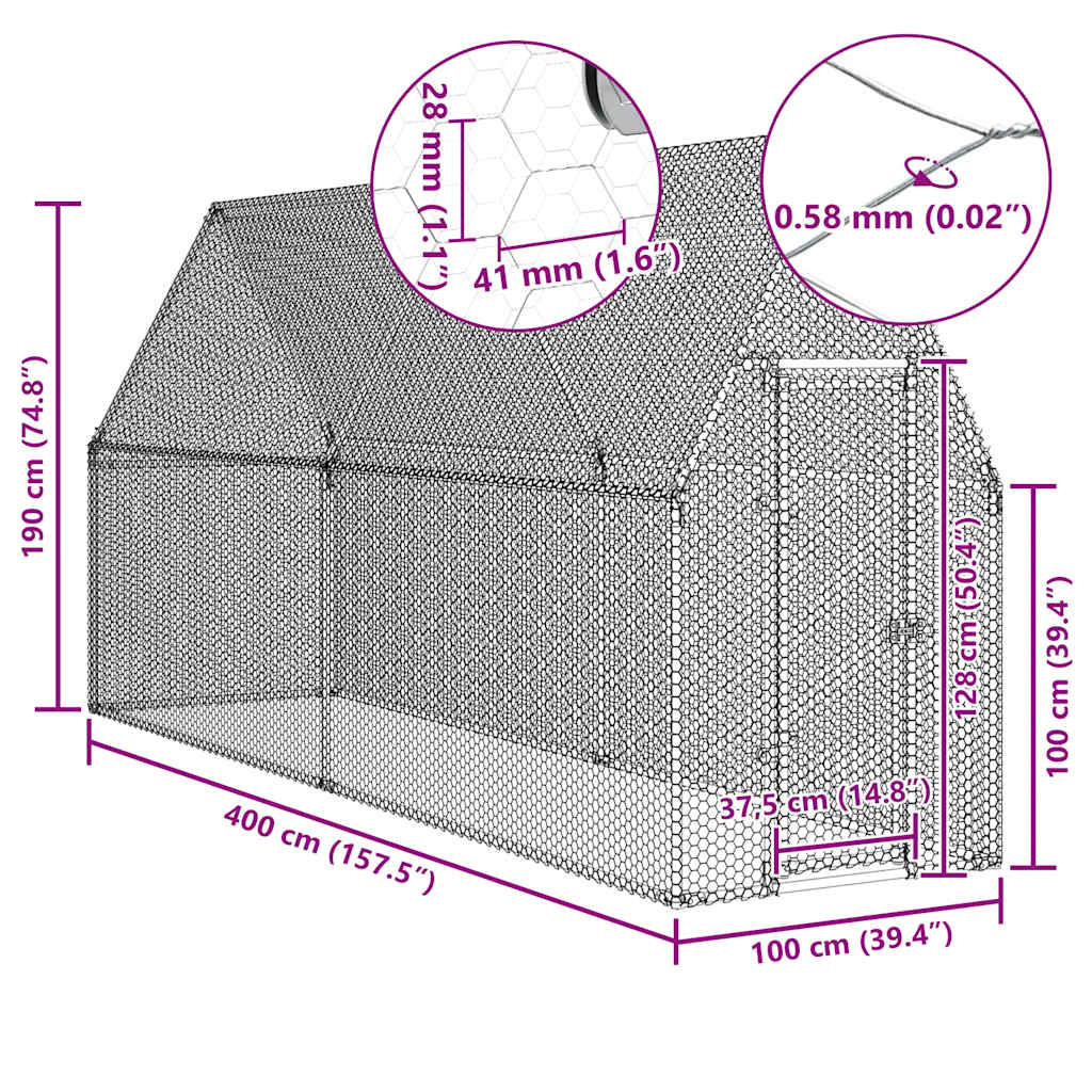 Chicken Cage Silver 400x100x190 cm Galvanised Steel