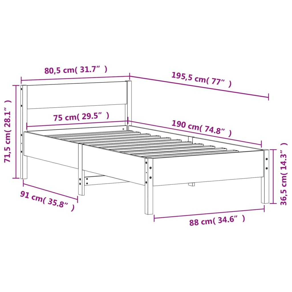 Bed Frame without Mattress 75x190 cm Small Single Solid Wood Pine