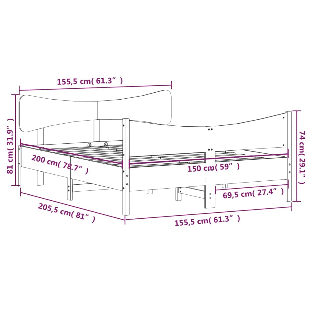 Bed Frame without Mattress Wax Brown 150x200 cm King Size Solid Wood Pine