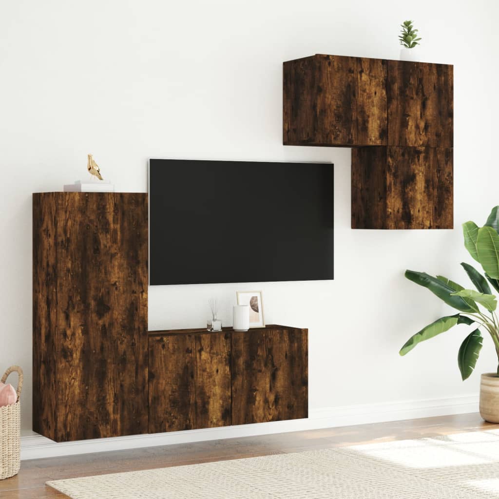 4 Piece TV Wall Units Smoked Oak Engineered Wood
