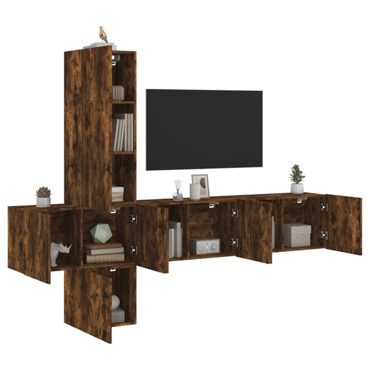 5 Piece TV Wall Units Smoked Oak Engineered Wood