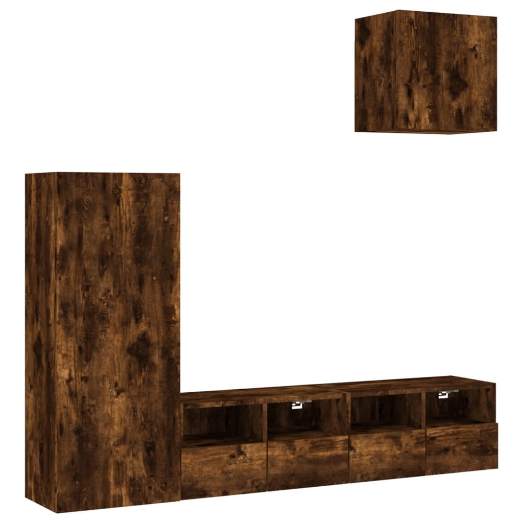 4 Piece TV Wall Units Smoked Oak Engineered Wood