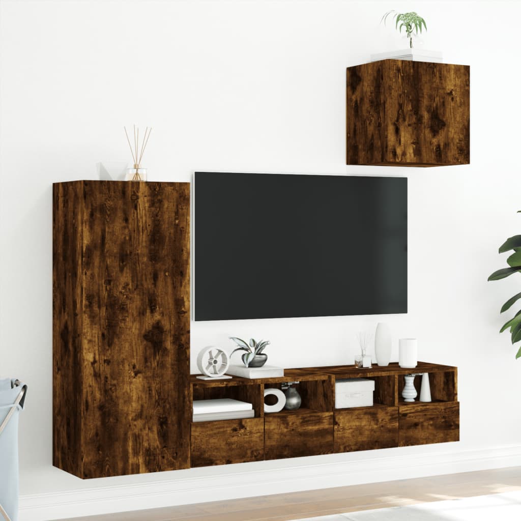 4 Piece TV Wall Units Smoked Oak Engineered Wood