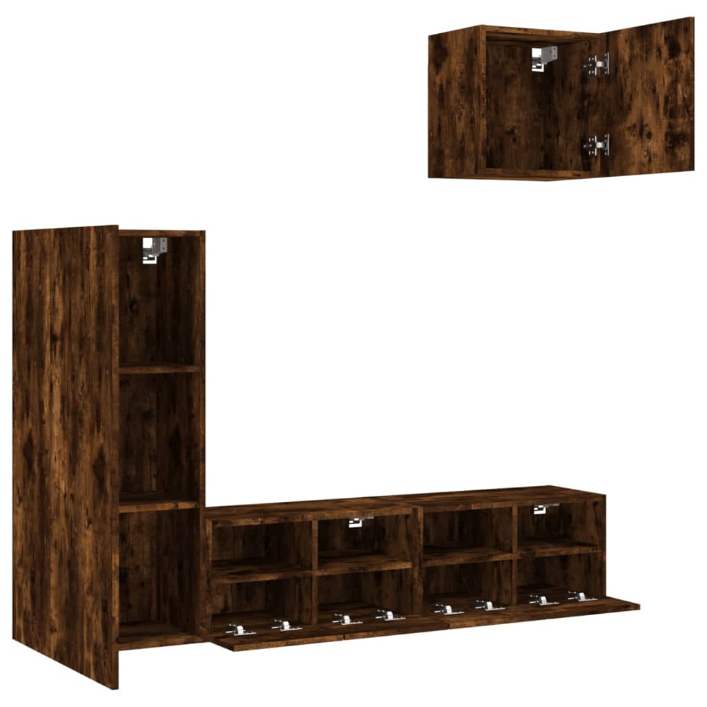 4 Piece TV Wall Units Smoked Oak Engineered Wood