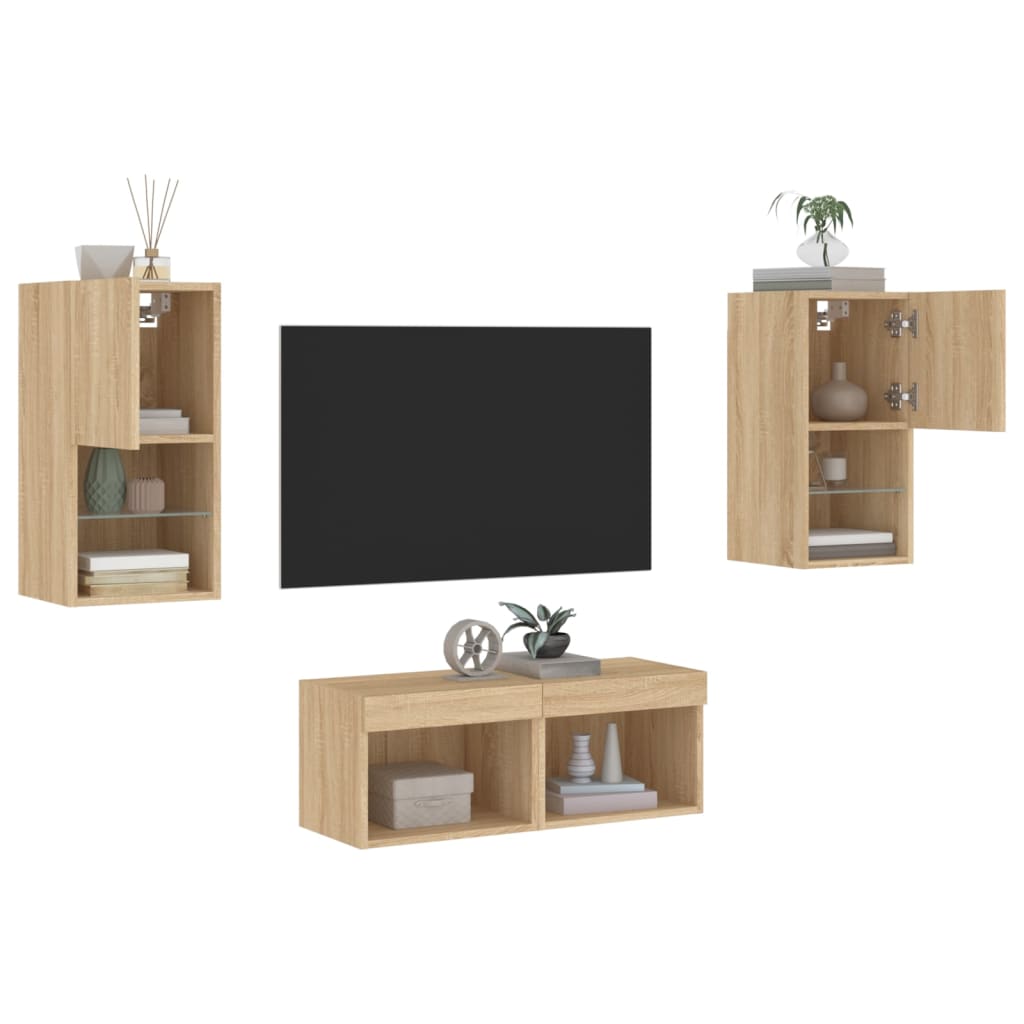 4 Piece TV Wall Cabinets with LED Lights Sonoma Oak