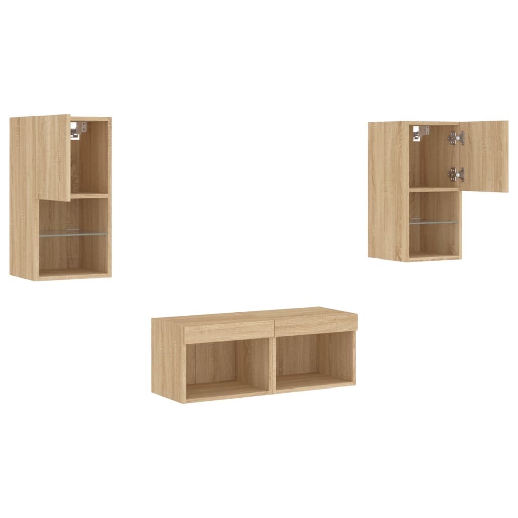 4 Piece TV Wall Cabinets with LED Lights Sonoma Oak