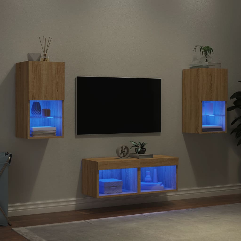 4 Piece TV Wall Cabinets with LED Lights Sonoma Oak