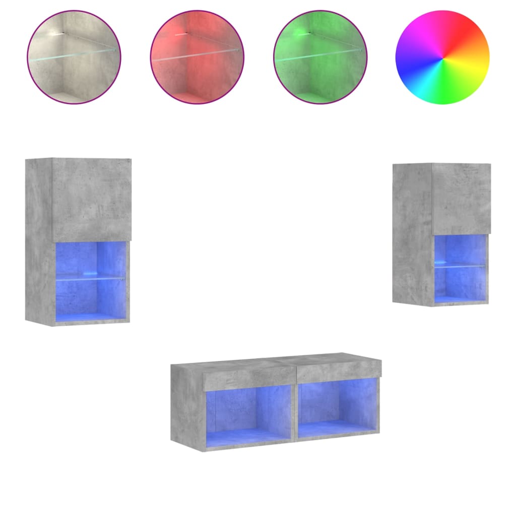 4 Piece TV Wall Cabinets with LED Lights Concrete Grey