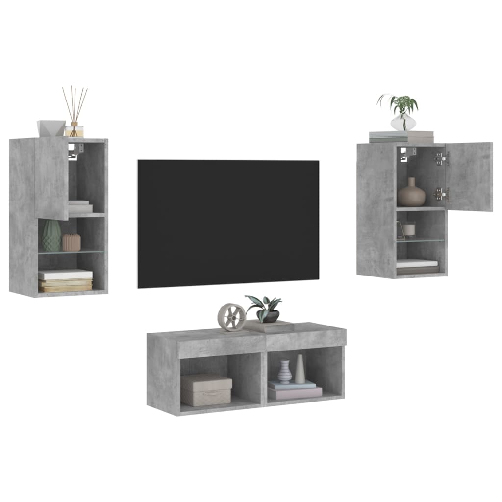 4 Piece TV Wall Cabinets with LED Lights Concrete Grey