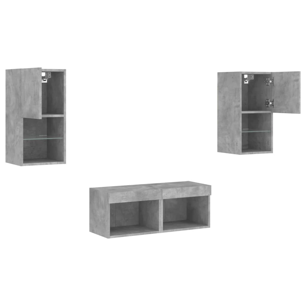 4 Piece TV Wall Cabinets with LED Lights Concrete Grey