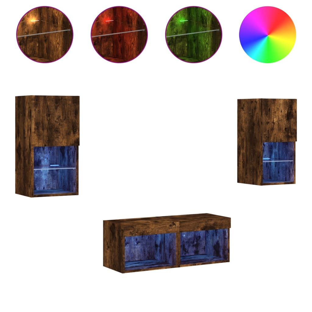 4 Piece TV Wall Cabinets with LED Lights Smoked Oak