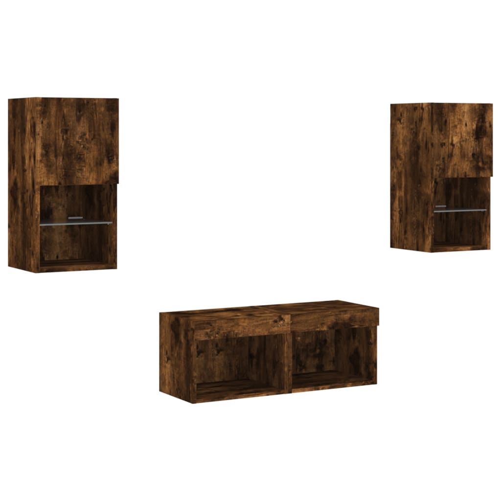 4 Piece TV Wall Cabinets with LED Lights Smoked Oak
