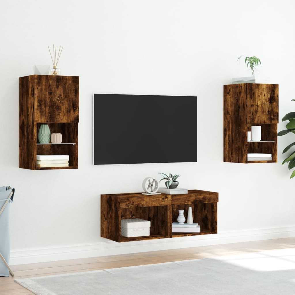 4 Piece TV Wall Cabinets with LED Lights Smoked Oak