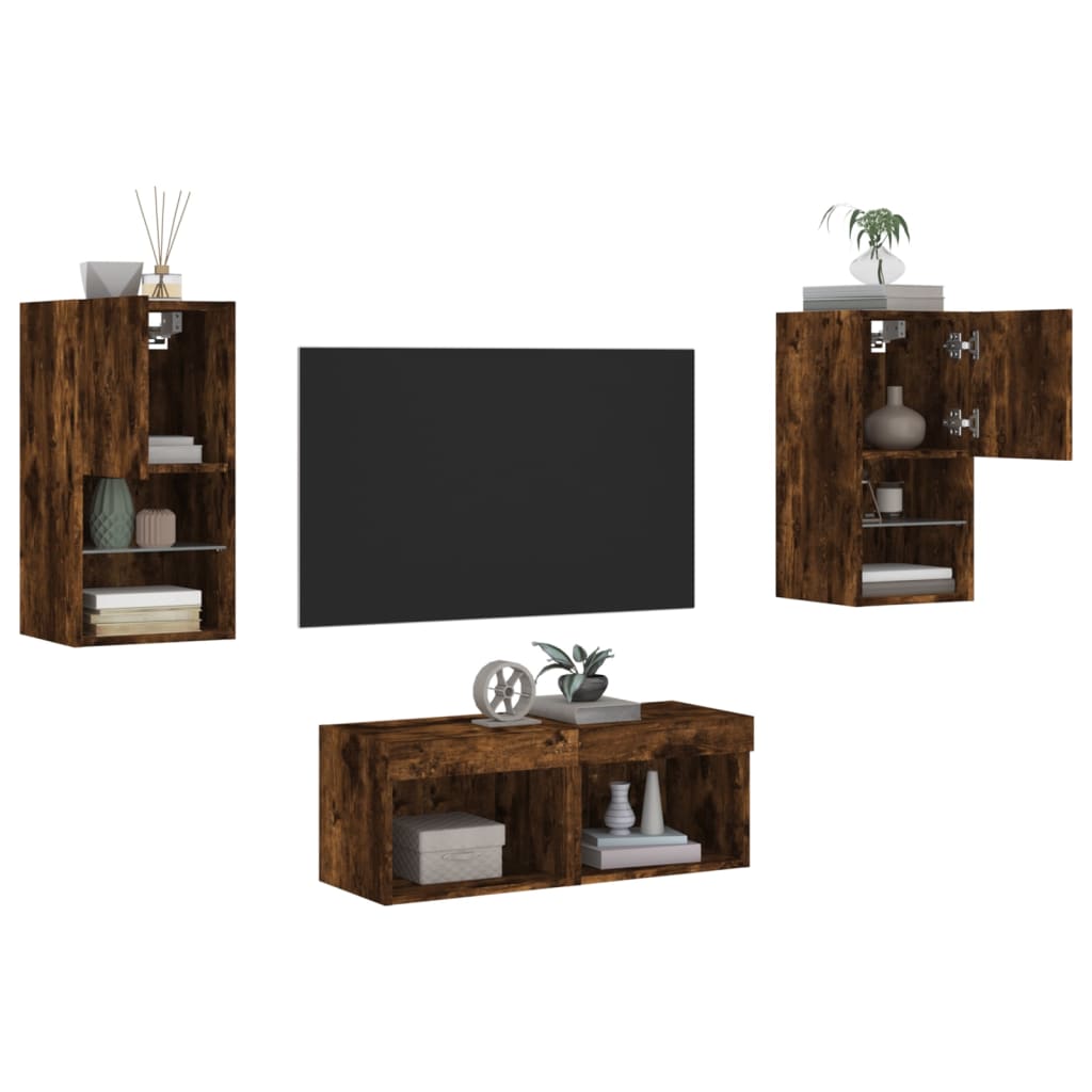4 Piece TV Wall Cabinets with LED Lights Smoked Oak