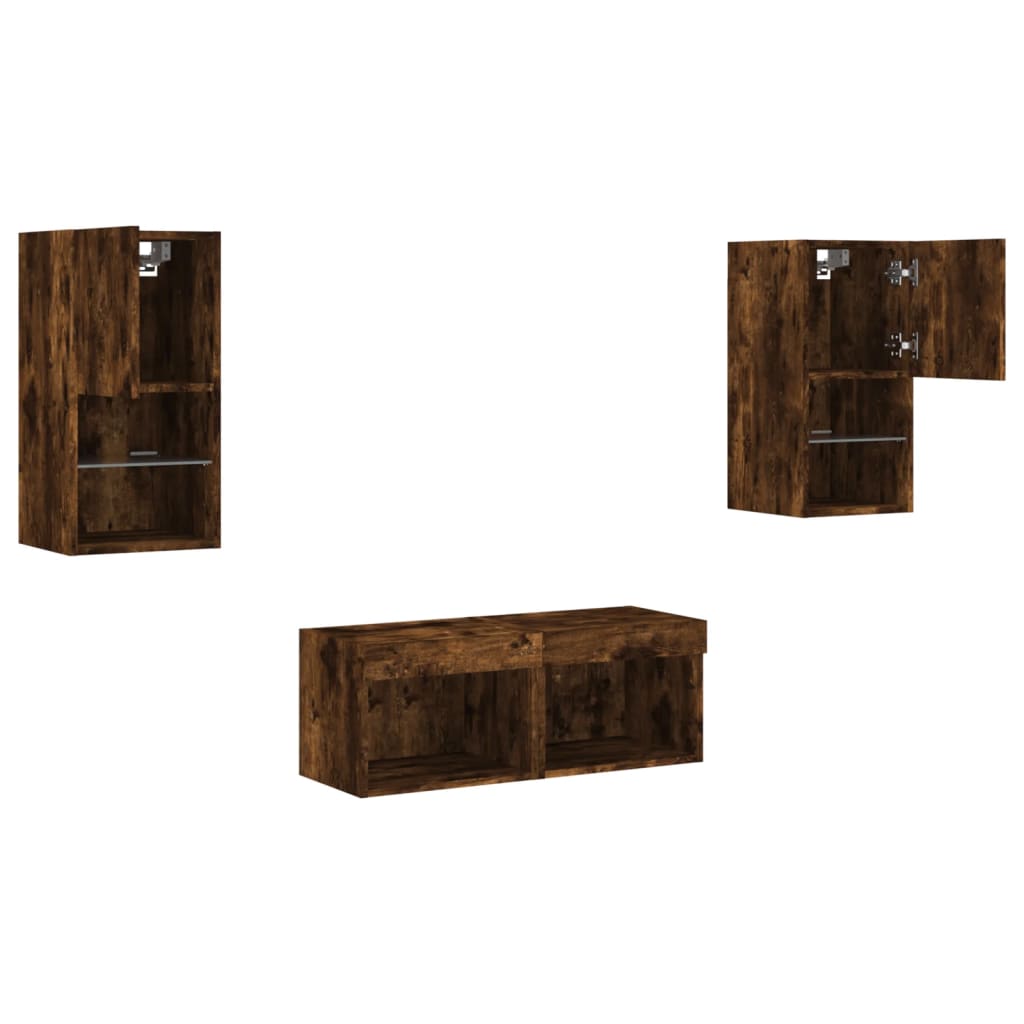 4 Piece TV Wall Cabinets with LED Lights Smoked Oak