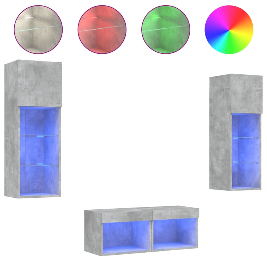 4 Piece TV Wall Cabinets with LED Lights Concrete Grey